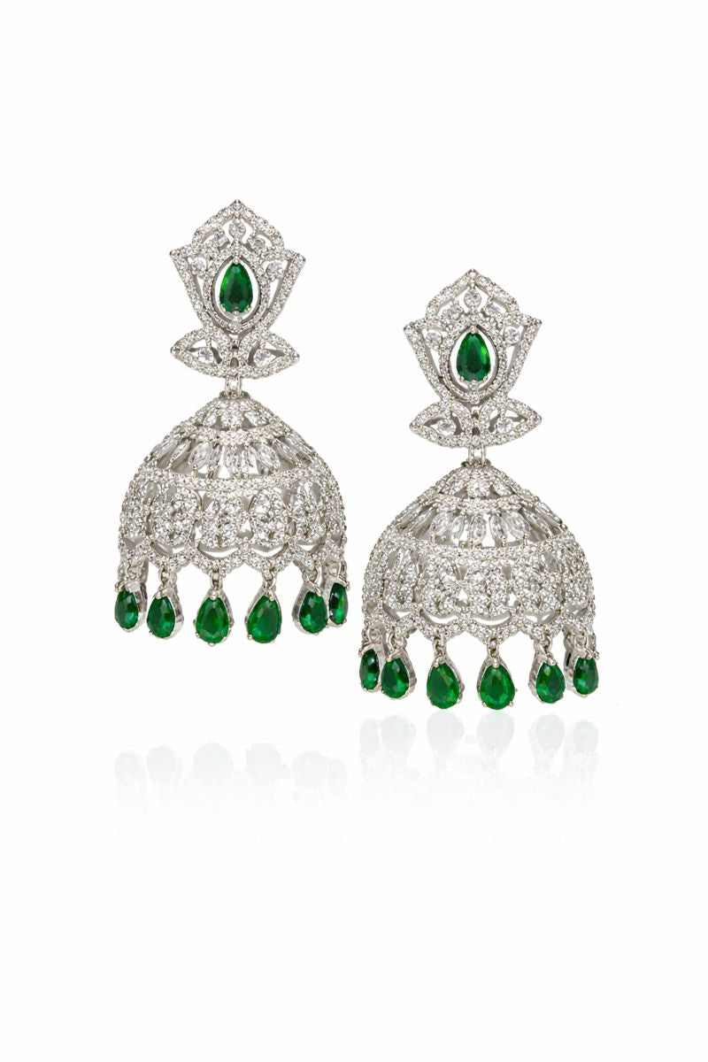 Emerald Bloom Silver-Tone Jhumka Earrings