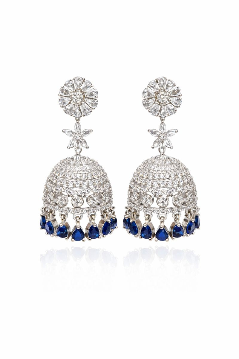 Sapphire Glow Silver Jhumka Earrings