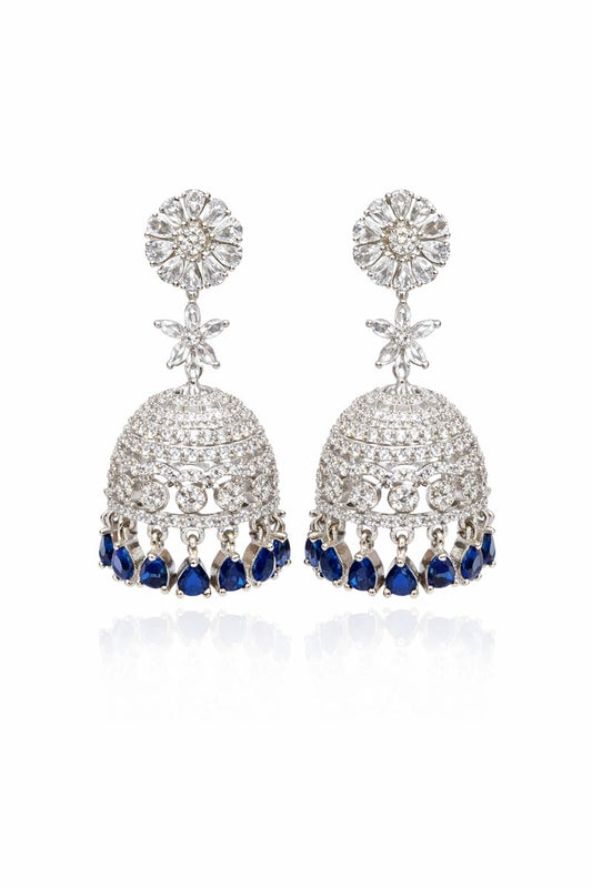 Sapphire Glow Silver Jhumka Earrings