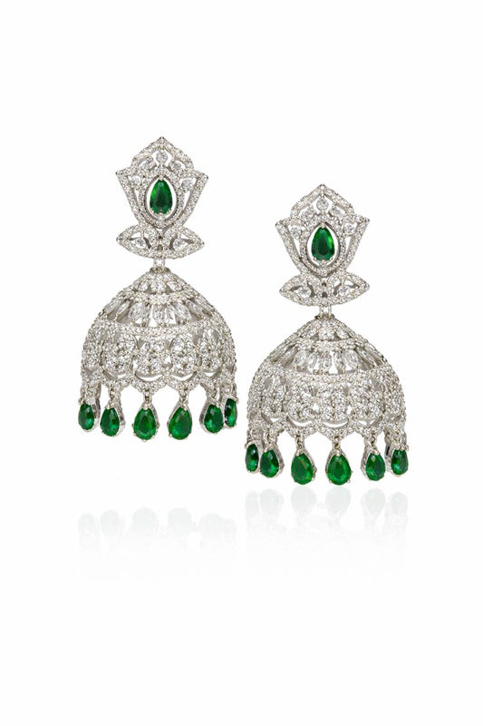 Emerald Bloom Silver-Tone Jhumka Earrings